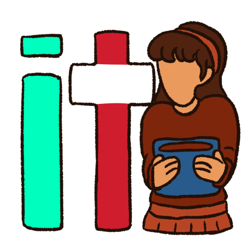  The word 'it' in teal, white, and red, written in large letters and taking up half the symbol. Next to it is a drawing of a pale person with long straight brown hair, with the drawing cut off at the top of its thighs. It is wearing warm colours, a sweater, a skirt, and a headband. It is also holding a blue AAC device.